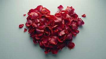 Vibrant Red Rose Petals Forming A Heart Shape On A White Background Celebrating Love And Romance. photo