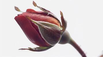 Delicate Red Rose Bud Bathed in Soft Light Against a Pure White Background. photo