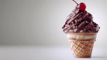 Indulgent Chocolate Soft Serve Ice Cream Cone With Cherry on Top at Local Ice Cream Shop. photo