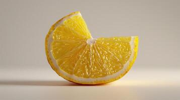 Bright Yellow Lemon Wedge Sitting on a White Surface in Natural Light Evokes Freshness and Citrus Essence. photo