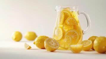 Refreshing Lemonade Pitcher Surrounded by Fresh Lemons on a Bright Sunny Day. photo