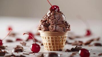 Delicious Chocolate Ice Cream Cup Topped With Cherry Enjoyed on a Warm Sunny Day. photo
