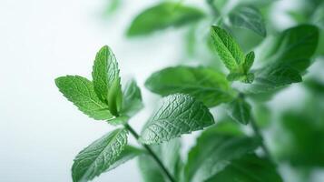 Lush Green Mint Leaves Captured Vibrantly Against a Bright White Background on a Sunny Day. photo