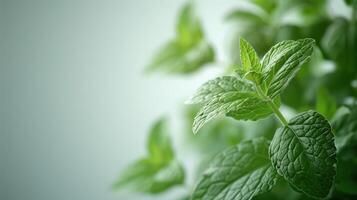 Fresh Mint Leaves Captured in Soft Natural Light Against a Bright White Background. photo