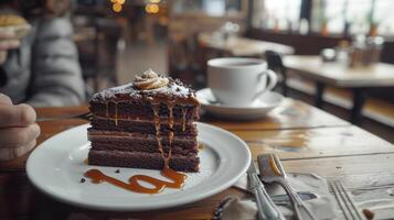 Delicious Chocolate Layer Cake Served on a White Plate With Drizzled Caramel and Chocolate Chips. photo