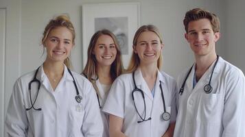 Four Medical Students in White Lab Coats Smiling Together in a Professional Setting. photo