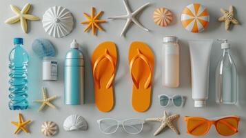 Colorful Summer Beach Essentials Featuring Sunscreen, Flip Flops, and Accessories on White Background. photo