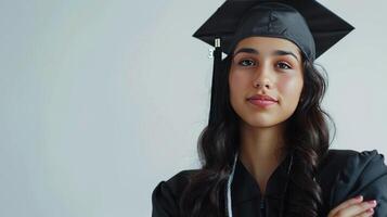 Celebrating Graduation With a Young Woman in a Cap and Gown Against a Plain Background. photo
