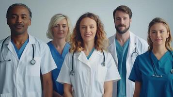 Diverse Group of Medical Professionals Standing Together Smiling in a Bright Environment. photo