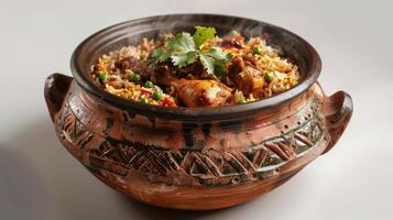 Aromatic Clay Pot Rice Dish Served With Fresh Ingredients and Herbs in a Traditional Setting. photo