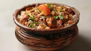 Traditional Clay Pot Biryani With Chicken and Fresh Herbs Garnished in a Lively Kitchen Setting. photo