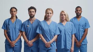 Diverse Medical Team in Scrubs Standing Confidently Together in a Clinical Setting. photo
