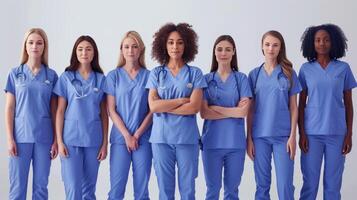Group of Diverse Female Healthcare Professionals Wearing Scrubs in a Medical Setting. photo