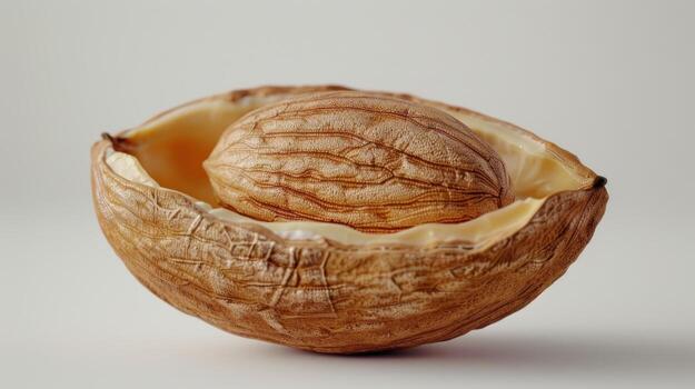 A Close-Up View of a Single Shelled Walnut on White Background Showing Its Unique Texture and Shape. photo