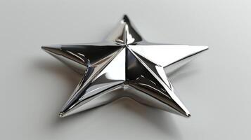 Shiny Silver Star Decoration on White Background Showcasing Unique Geometric Design and Glimmering Surface. photo