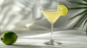 Refreshing Citrus Cocktail Served in Elegant Glass With Lime Garnish on Simple White Background. photo