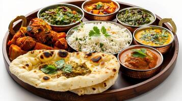 Delicious Indian Cuisine Platter With Various Dishes and Naan Bread Served on a Wooden Tray. photo