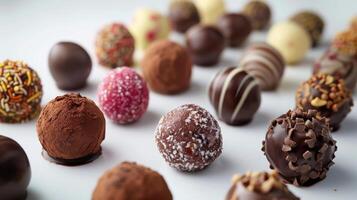 Decadent Chocolate Truffles Displayed Elegantly on a White Background During Afternoon Light. photo