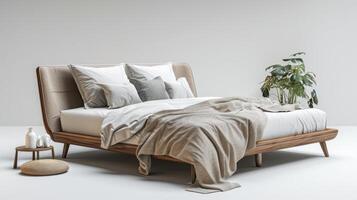 Modern Minimalist Bedroom Setup Featuring Wooden Bed, Cozy Textiles, and Indoor Plants in a Bright Room. photo