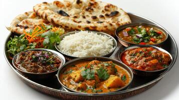 Delightful Indian Cuisine Platter Featuring Various Curries, Rice, and Naan Bread in an Elegant Set-Up. photo