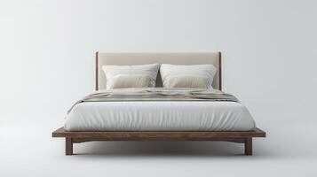 Modern Queen Bed With Soft Linen Bedding in Tranquil Bedroom Setting. photo