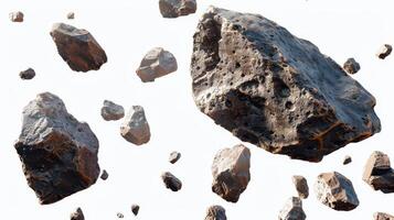 Floating Asteroids in Outer Space Against a White Background Captured During a Celestial Event. photo