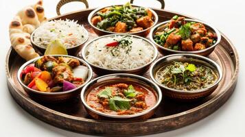 A Traditional Indian Feast Featuring Various Dishes Served on a Wooden Platter With Rice and Bread. photo
