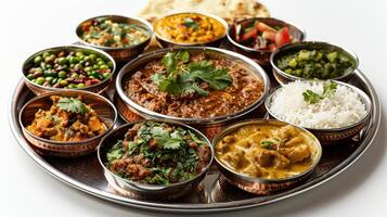 Traditional Indian Thali Featuring Diverse Dishes, Rice, Naan, and Accompaniments on Steel Platter. photo