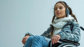 Young Woman in Wheelchair Wearing Headphones and Cozy Attire in Bright Indoor Space During Daytime. photo