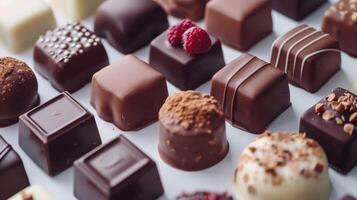 Assortment of Gourmet Chocolates Displayed on a White Background With Various Toppings and Flavors. photo