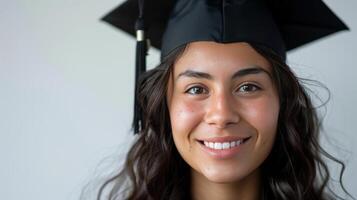 Young Graduate Celebrates Her Achievements Wearing Cap and Gown While Smiling Brightly Against a White Background. photo