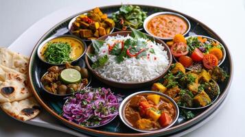 Traditional Indian Thali Featuring Varied Dishes and Sides On a Black Plate. photo
