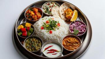 Traditional Indian Thali Featuring Varied Dishes Served Warm on a Steel Platter With Accompaniments and Rice. photo