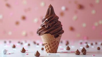 Indulgent Chocolate Soft Serve Ice Cream Cone Enjoyed on a Hot Summer Day. photo