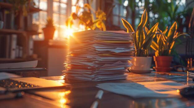 Stack of Paperwork Illuminated by Warm Sunset Light in a Quiet Office Setting. photo