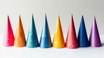 Colorful Party Hats Arranged In A Row Ready For Celebration At A Festive Gathering. photo