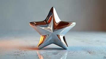 Shiny Metallic Star Sculpture Displayed on White Background With Reflection and Highlights. photo