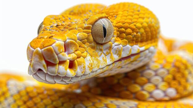 A Close-Up View Of A Vibrant Yellow Python Coiled In Natural Habitat Under Bright Light. photo