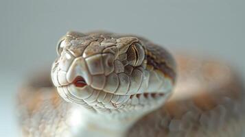 Close-Up View of a Colorful Snake Captured in Natural Light on a White Background. photo
