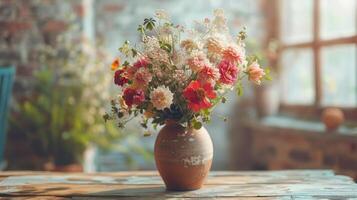 Brightly Colored Flower Arrangement in Rustic Vase on Table Surrounded by Natural Light. photo