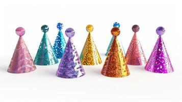 Brightly Colored Party Hats Displayed Together on White Background for Festive Celebrations and Events Throughout the Year. photo