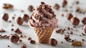 Delicious Soft Serve Ice Cream Cone Topped With Chocolate Bits and Nuts on a Warm Summer Day. photo