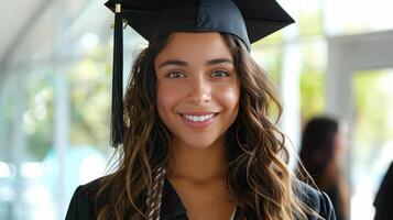 College Graduate Smiling Proudly in Cap and Gown Against White Background. photo