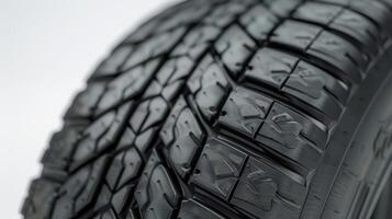 Close-Up View of Intricate Tire Tread Patterns on Vehicle Tire Set Against a White Background. photo