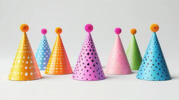 Colorful Party Hats Arranged on a Table Ready for Celebration With Friends and Family During a Festive Event. photo