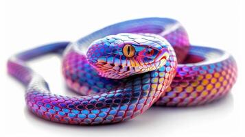 Colorful Snake Displaying Vibrant Scales While Coiled on a Smooth Surface in Natural Light. photo