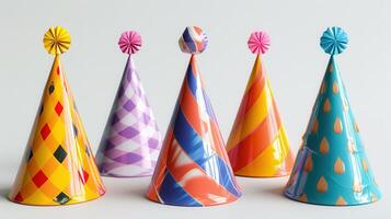 Colorful Party Hats Arranged on a White Background for a Celebration Event. photo