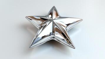 Shiny Silver Star Decoration on White Background Perfect for Festive Occasions and Celebrations. photo