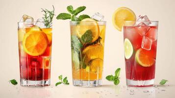 Refreshing Summer Beverages Displayed on White Background With Fresh Ingredients and Ice Cubes. photo