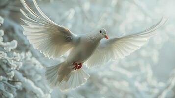 Majestic White Dove Soaring Gracefully Against a Plain Background During Daylight Hours. photo